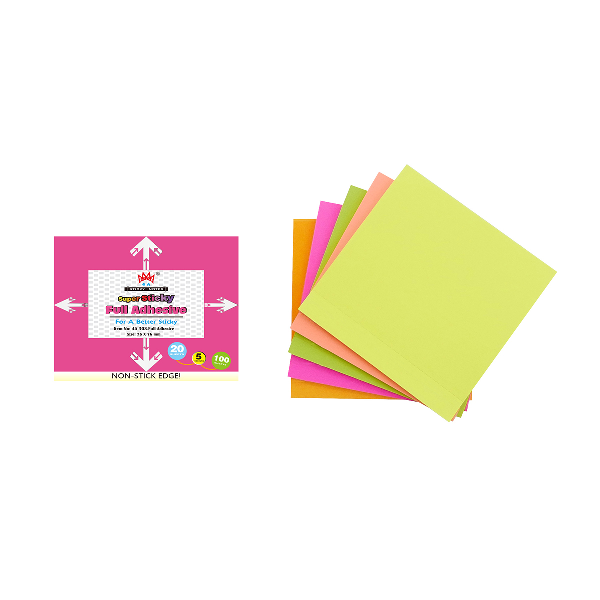 4A Sticky Full Adhesive Notes,3 1/3 x 3inches,20sheets/pad, 5 pads