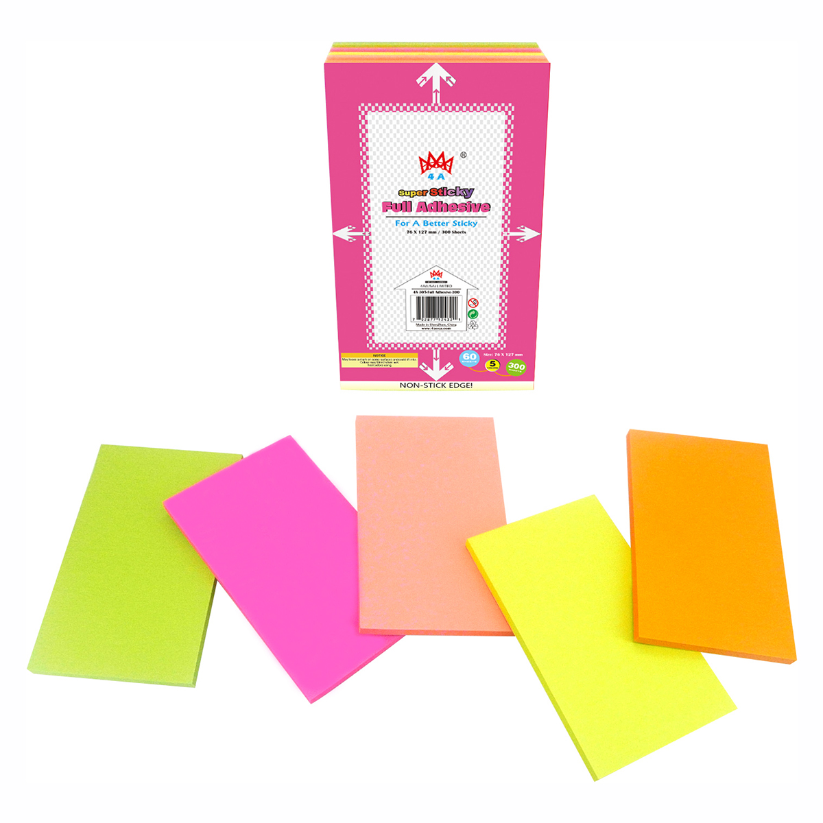 4A Sticky Full Adhesive Notes,5 1/3 x 3 Inches,60 Sheets/Color,5 Colors
